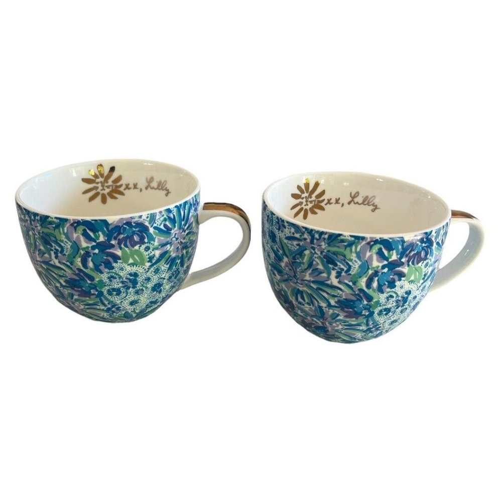 Lilly Pulitzer “Lion Around” Blue Print Mug Gold Handle Set Of 2